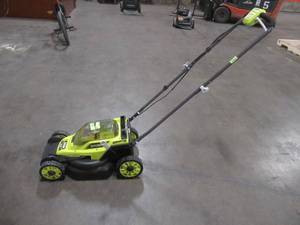 lot 3 image: Ryobi ONE 18V 13 in. Cordless Battery Walk Behind Push Lawn Mower (Tool Only), Runs, Has Key, Missing Bag.