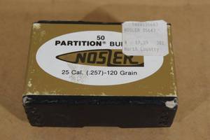 lot 86 image: 50 Nosler Partition 25 Cal 120 Gr Spitzer Bullets