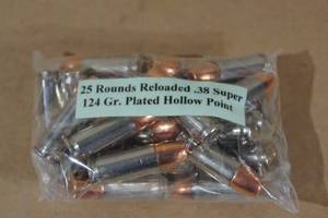 lot 111 image: 25 Reloaded .38 Super 124 Gr Plated HP Ammo