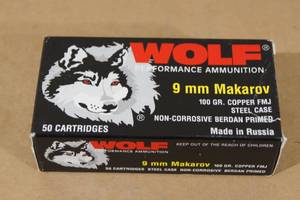 lot 119 image: 50 Wolf 9mm Makarov 100 Gr Copper FMJ Steel Case Ammo