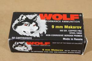 lot 120 image: 50 Wolf 9mm Makarov 100 Gr Copper FMJ Steel Case Ammo