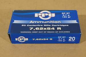 lot 156 image: 20 PPU 7.62 x 54R 150 Gr SP BT Ammo