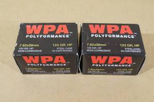 lot 159 image: 40 WPA Polyformance 7.62x39mm 123 Gr HP Steel Case Ammo