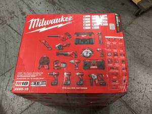 lot 115 image: M18 18-Volt Lithium-Ion Cordless Combo Tool Kit (16-Tool) with Four 3.0 Ah Batteries, 1-Charger, 3-Tool Bag by Milwaukee Customer Returns See Pictures