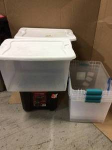 lot 35 image: Husky  20 Gal. Professional Duty Waterproof Storage Container with Hinged Lid in Black PLUS WHITE &nbspCustomer Returns See Pictures