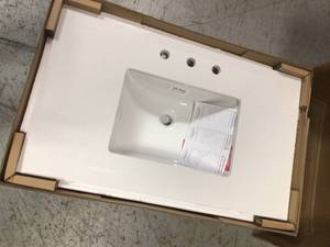 lot 106 image: 37 in. W Engineered Marble Single Sink Vanity Top in Winter White by Home Decorators Collection Customer Returns See Pictures