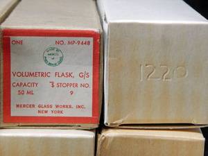 lot 220 image: Lot of 6 Mercer Glass Works 50 ML Pyrex Glass Volumetric Flasks With Stoppers