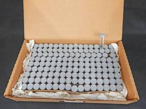lot 286 image: 1 Gross Case of Mercer Glass Works Merco 2 DRAM 19 x 48 MM Push Cap Glass Shell Vials