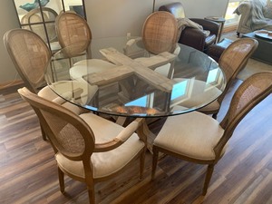 Arhaus Dining Table Paired with Dining Chairs by Restoration Hardware