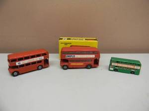 lot 18 image: MUST HAVE - SET OF 3 AWESOME DOUBLE DECKER BUSES - BUDGIE DIE-CAST ROUTEMASTER BUS 236 IN BOX - RED SEE LONDON BY BUS - GREEN MATCHBOX SERIES ESSO EXTRA PETROL BUS - SEE PICTURES
