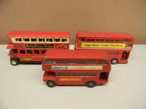 lot 20 image: GREAT SET - LOT OF 3 METAL DOUBLE DECKER BUSES - HOLY TIME NEWS - BUDGIE TOY A.E.C. ROUTEMASTER 64 SEATER - ZYLMEX NUTRA SWEET LONDON MARATHON BUS - SEE PICTURES