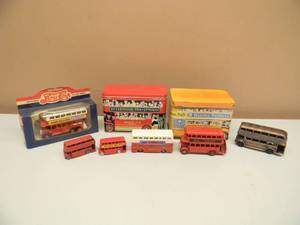 lot 22 image: GREAT SET - LOT OF VINTAGE DOUBLE DECKER BUSES AND METAL BANKS - HAMEL TOYS - MATCHBOX - LESNEY - SEE PICTURES