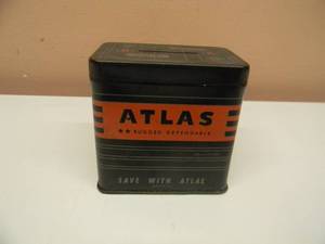 lot 47 image: VINTAGE PROMO ATLAS BATTERIES TIN COIN BANK - NICE VERY COOL - APPROX 3 - SEE PICTURES