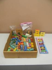 lot 67 image: BOX OF VINTAGE METAL CARS & MORE - TOOTSIE TOYS - MIDGETOY - MATCHBOX - LESNEY & MORE - SEE PICTURES