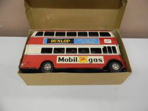 lot 74 image: VINTAGE ATD JAPAN TIN LITHO DOUBLE DECKER BUS FRICTION MOTOR - GOODYEAR, ESSO, DUNLOP, MOBIL GAS - NICE - IN BOX - AWESOME PIECE - APPROX 12 BY 7 - SEE PICTURES