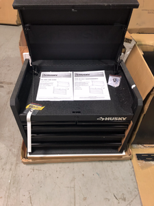 Heavy Duty Welded 20-Gauge Steel Wall Mounted Garage Cabinet in Black (28 in. W x 22 in. H x 14 in. D) and Tool Chest  by Husky Customer Returns See Pictures