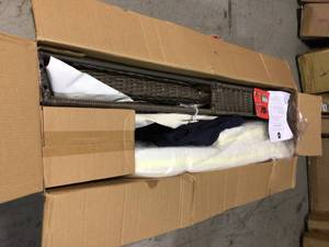Cambridge Gray Wicker Outdoor Patio Chaise Lounge with CushionGuard Midnight Navy Blue Cushions by Hampton Bay Customer Returns See Pictures