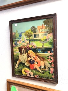 lot 85 image: 1920s-30s Era Framed Lithograph - Girl w Great Dane