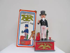 lot 104 image: Vintage 1970s UNCLE SAM Mechanical Bank wBox