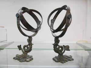lot 107 image: Pair of Antique Brass Dolphin  Koi Fish Armillary Spheres