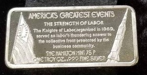 1 TROY OZ. .999 FINE SILVER ART BAR LABOR UNIONS