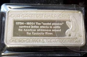 1 TROY OZ. .999 FINE SILVER ART BAR DANIEL BOONE