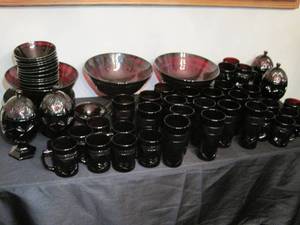 lot 11 image: A large set of 74 pieces of French Ruby Glassware. 