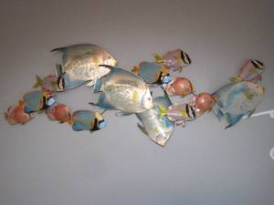 lot 88 image: Incredible BOVANO OF CHESHIRE ENAMEL OVER COPPER TROPICAL FISH WALL SCULPTURE. 