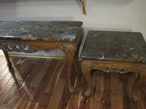 lot 89 image: 2 piece Marble Topped Sofa Table and matching End Table.