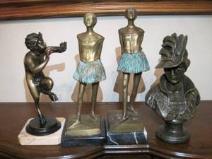 lot 94 image: 4 statues, 2 Bronze Dancers, Victorian Lady (Iron), Bronze Faun.