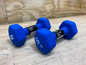 lot 63 image: CHAMPION- 8 lb Pair Blue Gear Neoprene Hex Dumbbell Hand Weights