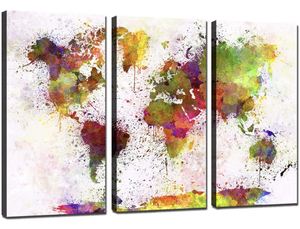 lot 82 image: QJQ 3 Panel Canvas Wall Art Abstract Retro Colorful World Map Painting.  (Total Dimensions  36 W x 24 H)