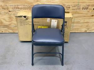 lot 4 image: NATIONAL PUBLIC SEATING Blue Vinyl Padded Seat Stackable Folding Chair (Set of 4)