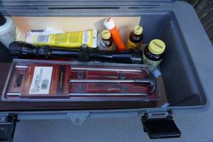 Lot of Assorted Gun Cleaning Tools and Accessories With Tasco 3 x 9 x 40 Rifle Scope