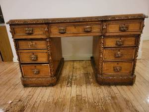 lot 42 image: Extremely Rare Antique 1900s Lawyers Desk- Imported From Liverpool, England with Hand-Carved Owl Handles (Valued $600, Restored Value $1800)