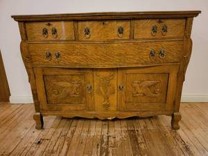 lot 43 image: Rare Beaux Arts Antique Oak SideboardBuffet Cabinet Early 1900s with Brass Lions Head Drawer Pulls(Not original) (Valued $1200)