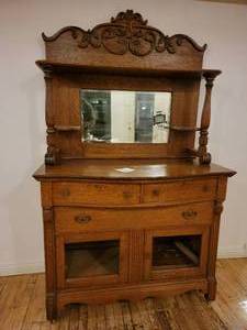 lot 45 image: Gorgeous Rare Antique Victorian Oak SideboardBuffet with Shelf and Mirror and Hand-Carved Details- Great for Restoration (Valued $800 Restored Value $2000)