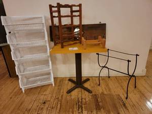 lot 59 image: Awesome Storage Collection- -Wooden 2 Wine Racks,Metal Fire Wood Rack,5 Stackable Plastic Basket Storage,Vintage Wooden Coat Rack With Mirror