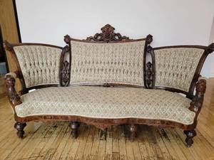 lot 02 image: Rare 1865 Antique Elaborately Hand-Carved Reupholstered John Jeliff Renaissance Revival Couch (Valued  $5500)