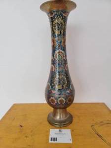 lot 04 image: Gorgeous Vintage Brass Enameled Cloisonne Peacock Indian Vase