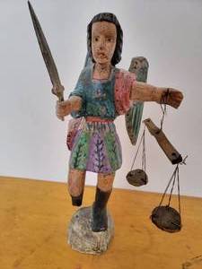 lot 08 image: Extremely Rare Guatemalan Folk Art  St. Micheal Archangel Hand-Painted Hand-Carved Wooden Sculpture (Valued  $450)