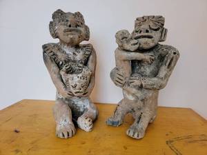 lot 15 image: Two Rare Mayan Pre-Colombian Vintage Stone Sculptures Mother and Child & Woman with Vessel (Valued  $600)
