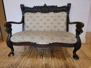 lot 18 image: Rare Antique 1825 Elaborately Carved Reupholstered John Jeliff Renaissance Revival Loveseat (Valued  $4200)