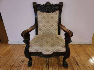 lot 20 image: Rare1825 Antique Elaborately Carved Reupholstered Empire Chair (Valued  $2500) 30 x 26 x 45
