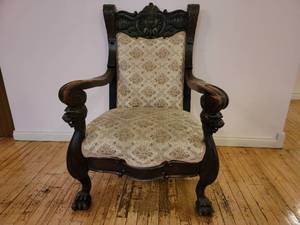 lot 22 image: Rare1825 Antique Elaborately Carved Reupholstered Empire Chair (Valued  $2500) 30 x 26 x 45