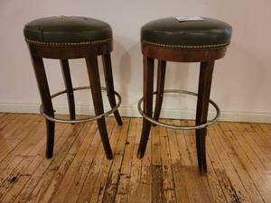 lot 23 image: 2 Vintage Commercial Restaurant Wooden and Leather Bar Stools 29 x 17 x 17