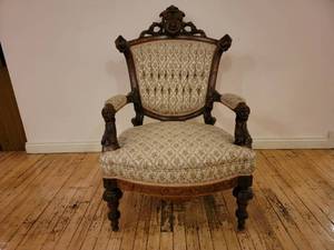 lot 24 image: Rare 1865 Antique Elaborately Hand-Carved Reupholstered John Jeliff Renaissance Revival Chair (Valued  $2500) 27 x 24.5 x 41