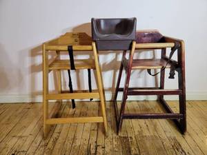 lot 25 image: 2 Wooden Restaurant High Chairs & 1 Booster Seat