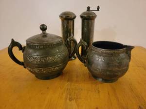 lot 34 image: Vintage 1920s  Quadruple Silver Sugar Bowl & Creamer Set & Salt Shaker & Pepper Grinder