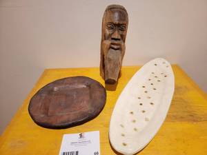 lot 66 image: Beautiful Art- Hand-Carved Afro-Centric Sculpture, Hand-Built Ceramic Plate & Hand-Built Ceramic Platter